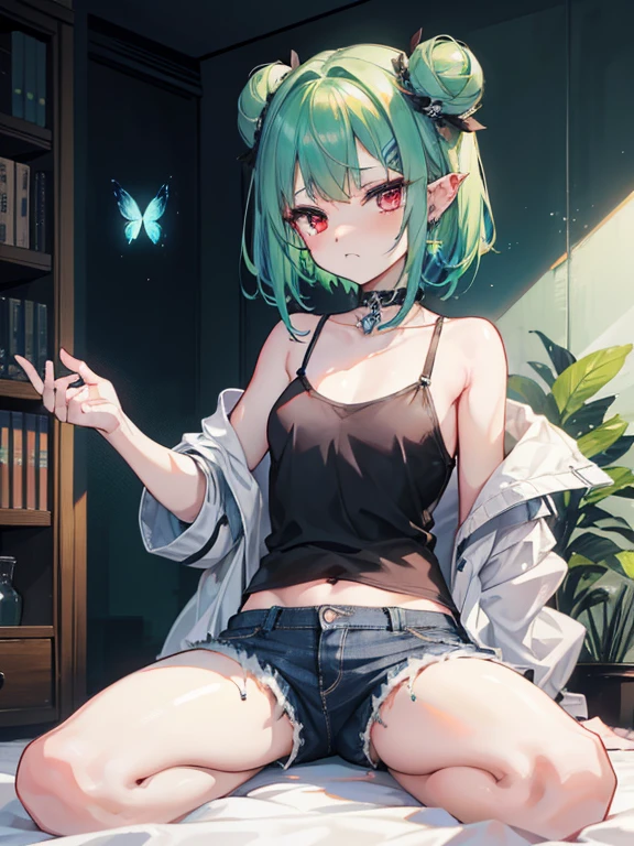{Moist feather(hololive)}, 1girl in, Short hair, Double bun, {Emerald green hair}, {{Red Eyes}}、masterpiece、top-quality、Very flat chest, very flat chest、小柄、Many piercings in the ears{hatred}、grimacing、irate、{Deadly}、demon king、{full body Esbian}、Sitting on a chair、Aura of Darkness、very short black denim hot pants、white tank tops、Very sheer tank top、inside in room、Blue-winged butterfly、watching at viewers、