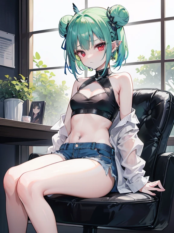 {Moist feather(hololive)}, 1girl in, Short hair, Double bun, {Emerald green hair}, {{Red Eyes}}、masterpiece、top-quality、Very flat chest, very flat chest、小柄、Many piercings in the ears{hatred}、grimacing、irate、{Deadly}、demon king、{full body Esbian}、Sitting on a chair、Aura of Darkness、very short black denim hot pants、white tank tops、Very sheer tank top、inside in room、Blue-winged butterfly、watching at viewers、