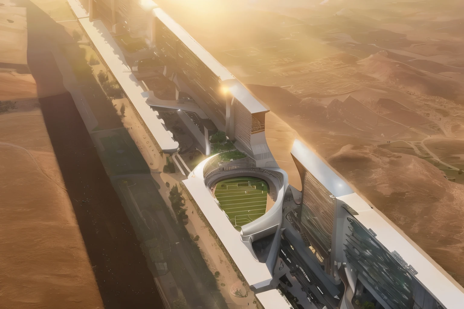 aerial view of a baseball stadium with a green field and a baseball field, solarpunk cantine, built in the egyptian desert, futuristic sport arena, solarpunk architecture, ancient megastructure pyramid, in future airport rooftop, awe - inspiring award - winning, epic megastructure, futuristic persian palace, photo from 2022, concept art 2022