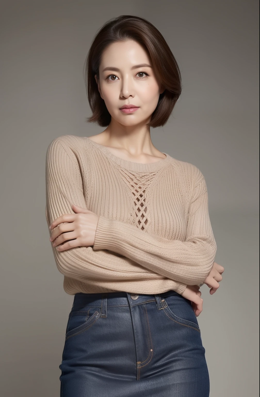 hight resolution, high-level image quality, high detailing, masterpiece, Textured skin, tre anatomically correct, sharp, greybackground((japanese mature, 40 years)), 独奏, ((Wrinkles on the face)), large breasts with good shape, Straight light brown hair that reaches to the shoulders, chubby figure (((Stand upright, facing the center of the screen.))), Close your mouth and look straight ahead with a serious face, Sweaters, skirt by the, ((cowboy shot)),