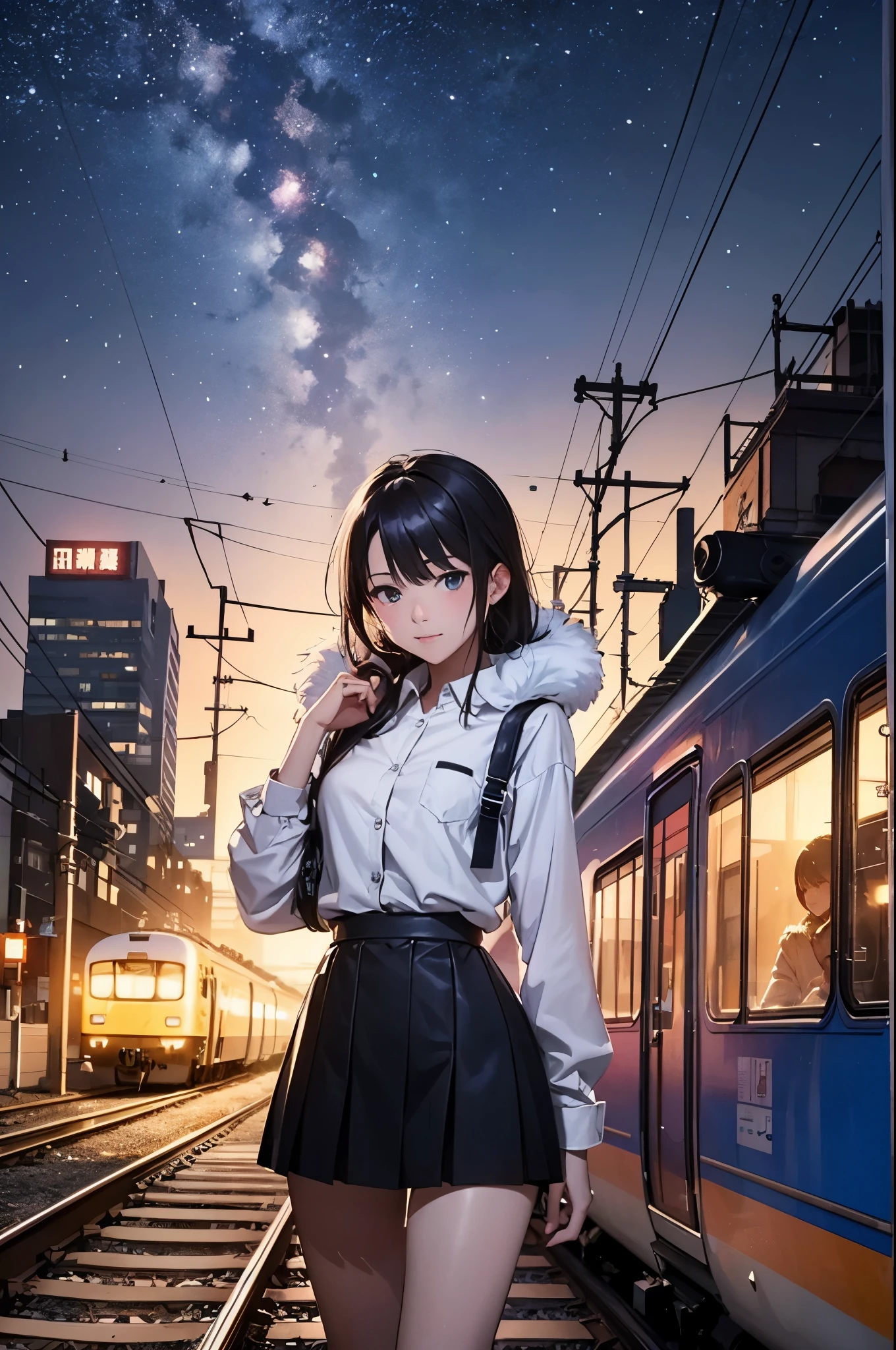 high high quality， tmasterpiece ，1 rapariga,ssmile，(The shirt:1.5),(Wear a miniskirt:1.2),fur trim hooded long coat，scenecy，Cartoon train passing through body of water on rails， Sparkling starry sky，train tracks，pixiv，concept-art，lofi art风格，Reflective Xin Haicheng, lofi art, beautiful anime scenes, 动漫scenecy, 详细scenecy，Makoto Shinkai's style，Detail Enhancement，8k，Award-winning works，