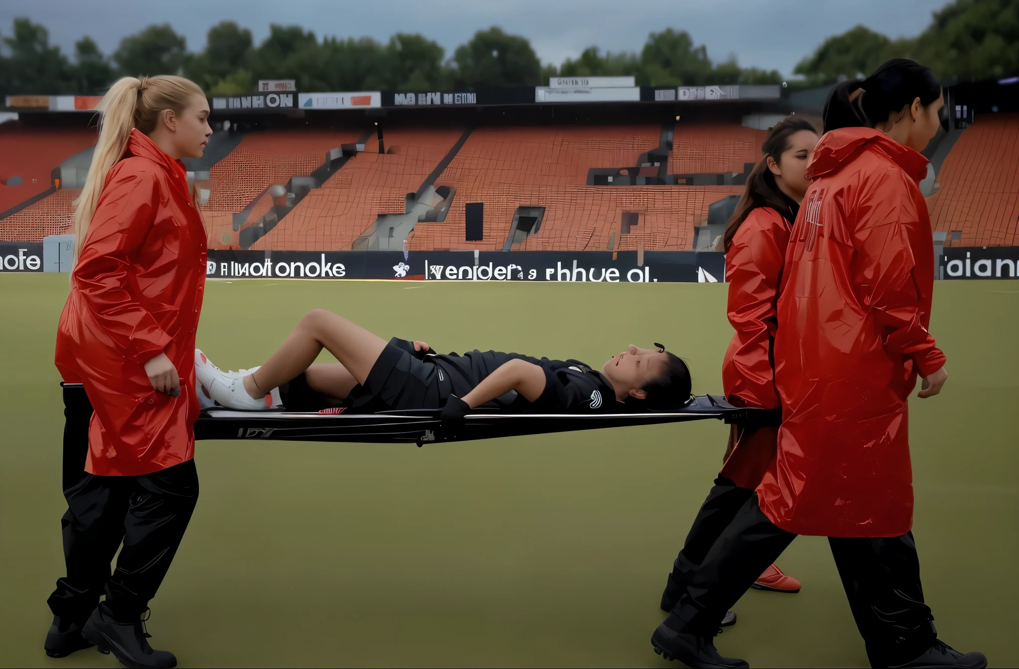 Soccer player is taken away on a stretcher, There is a man lying on his back on a stretcher with his hands grabbing his hurting leg, a man in a t-shirt and sports shorts has put his hands on his injured leg, the man has an agonised face looking to the sky, two horny looking longhaired and ponytailed women that are wearing very shiny coats, there are longhaired women with horny faces wearing laquered puffy coats, longhaired women are walking in wetlook puffy coats, several women walking around a football field with an injured athlete on a stretcher, the injured athlete on the stretcher is grabbing his injured leg with both hands, the women look very worried, behind the women there is a frightening atmosphere, there is heavy rainfall in the background, video still, behind the scenes, pity, china, erotic, horny, drama, very shiny orange vinyl fabric