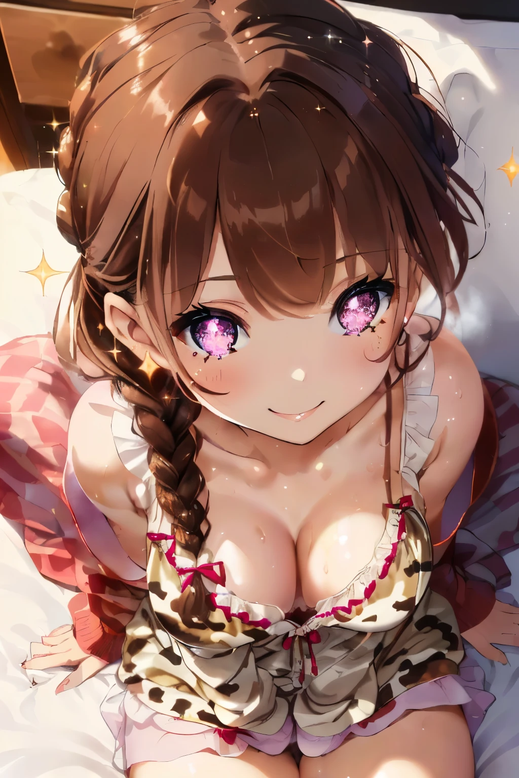((Brown hair)),((Braided shorthair)),(With bangs:1.25),(With black eyes),(sparkle in eyes:1.5),(Eye size:1.5),Slight red tide,(Pajama long sleeve cardigan clothes with lots of frills),(Hair band made of fluffy material),((All white, reddish,cream)),(Colorful, Cute pajamas with camouflage pattern),(Cute fluffy socks like a fairy tale),((Colorful and pop world view)),(((body shape is slender))),(Smiling smile),(breast closeup:1.35),((Sleeveless Nightgown)),((Shorts made of soft and voluminous sweat material)),(room style),(close up of face:1.65),(Sitting on the couch),(Panty Line),(nsfw:1.15),