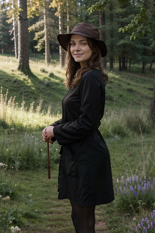 Eine Frau sitzt und schaut zur Kamera. She smiles a little. Sie schaut ein bisschen nach rechts. The background is greenish. The sky is dark green. There is a green forest underneath. Davor ist ein kleiner Weg, which was drawn brownish. Die Frau hat eine schwarze Robe. Sie hat glattes langes Haar. The picture was drawn with oil paints.