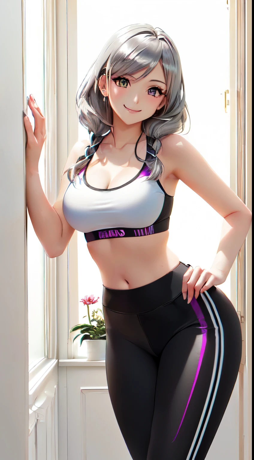 ((((masterpiece, best quality, high resolution)))), (1girl:1.5), ((short silky hair, white hair, purple eyes, sharp eyes, choker)), (medium breasts:1.2), blush, (cheeky smile, parted lips), glow, thighs, bare shoulders, collarbone, narrow waist, (slender body figure), (beautiful detailed face, beautiful detailed eyes), ((sports bra)), (standing up), looking at viewer, nighttime, bedroom, (cowboy shot)
