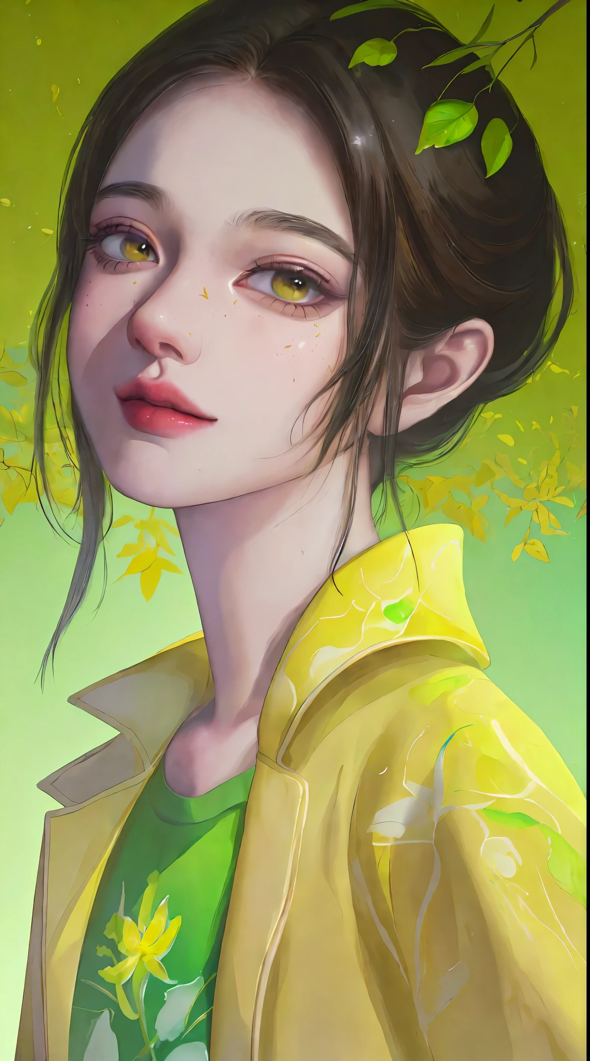 a close up of a person in a yellow raincoat with a green leaf, ai assisted digital painting, glossy digital painting, realistic cute girl painting, ai art, beautiful character painting, painted in anime painter studio, detailed painting 4 k, illustration painting, painting of beautiful, painting illustration, 4k digital painting, 4 k digital painting, adorable digital painting