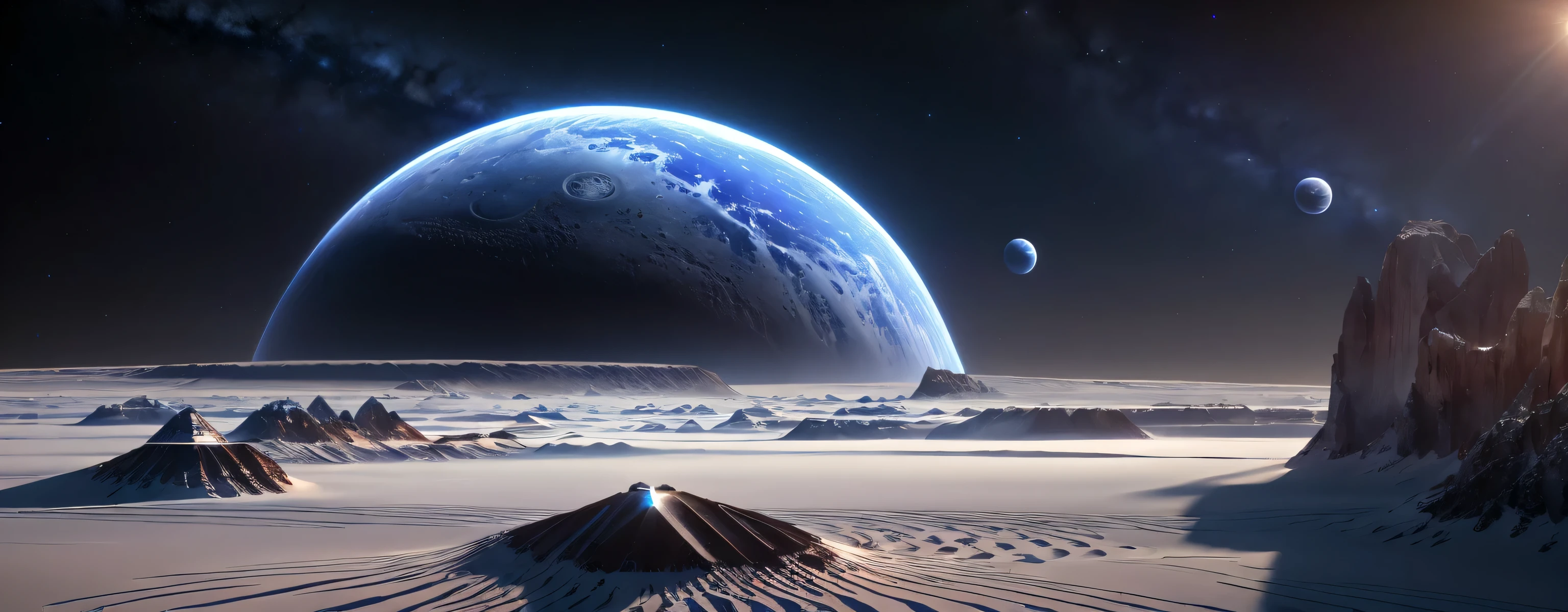 ((tmasterpiece)), ((high high quality)), ((Best quality)), (Extremely detailed 8K wallpaper) beautiful distant planet,Small spaceship flies to planet,The spacecraft has a faint glowing trail,The vast and beautiful stars in the universe,Star ring,Dramatic blue and purple lights science fiction,narnia effect,Roche limit,NASA HD photos风格,futuristic setting, Future environment,NASA HD photos,science fiction scene,lead,full projection,futuristic landscape, sci - fi film still, science fiction scene, science fiction scene, Sci-fi 3D rendering, 8kunity 3D HD wallpaper,