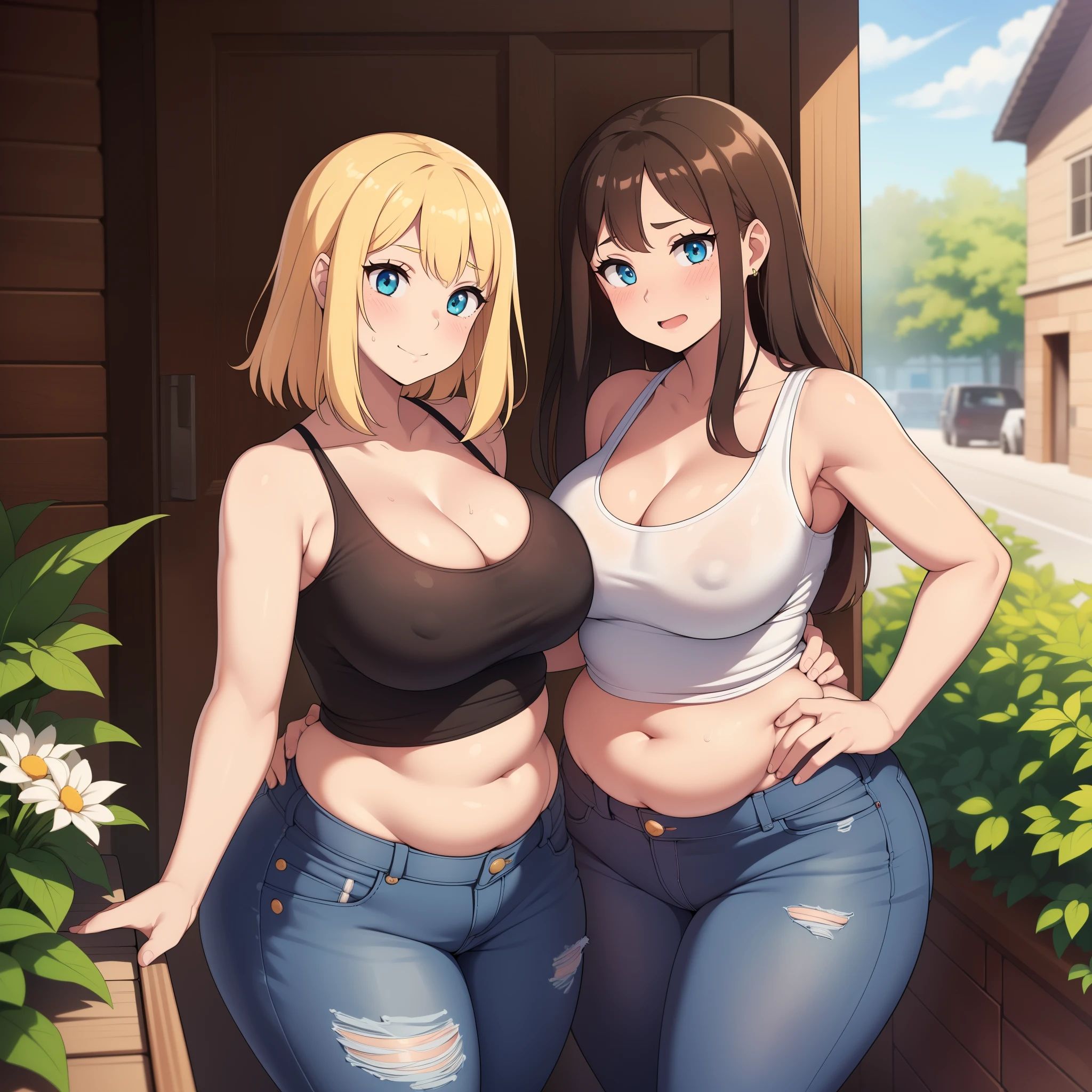 ((Masterpiece)), perfect anatomy, perfect shading, field of depth, (best quality), extremely delicate and beautiful, perfect lighting, detailed face, ultra cute face, cute, (cowboy shot 1.2), full body, (((2girls))), ((2 girls 1 and 2))
Girl 1: has long hair, fluffy hair, blonde hair, blue eyes, ((blush)), embarrassed, (crop top 1.2), (jean shorts 1.2), extremely tight clothes, medium breasts, cleavage, perky breasts, ((wide hips)), (thick thighs), ((chubby)), pudgy belly, fat rolls, belly hang,
Girl 2: has short hair, fluffy hair, brown hair, green eyes, ((blush)), seductive smile, (white tank top 1.2), (jeans 1.2), chocker, extremely tight clothes, medium breasts, cleavage, perky breasts, (((wide hips))), ((thick thigh)), big butt)), ((plump)), chubby belly, fat rolls, belly hang, she has a jiggly belly,
hotel room, standing at the door, intricate background, detailed background, girls are standing next to each other,