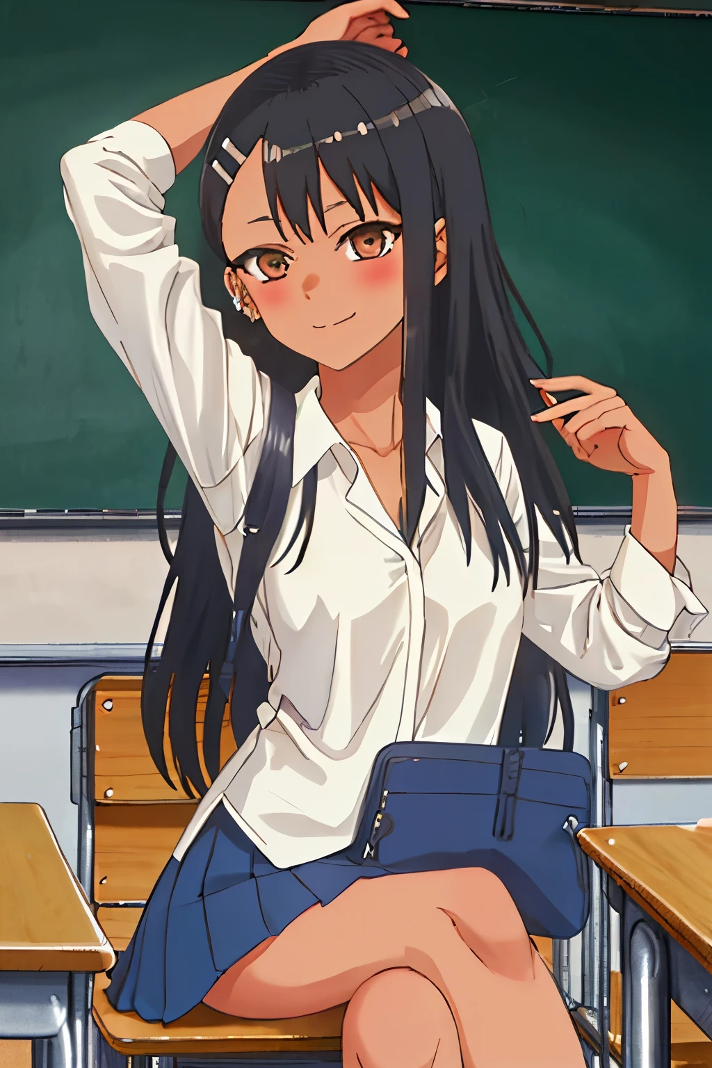 La mejor calidad, Obra maestra, Altas Resoluciones, solamente, {Nagatoro_Hayase_donttoywithmemissNagatoro:1.15}, negro_cabello, largo_cabello, oscuro-pielned_hembra, oscuro_piel, brown_ojos, cabelloclip, cabello_ornamento, sonrojarse, flequillo, They are smiling, 1girl, pizarra, retrato, camisa, Classroom, gota de sudor,  embarazada, vientre de embarazo, rubor, barriga embarazada.