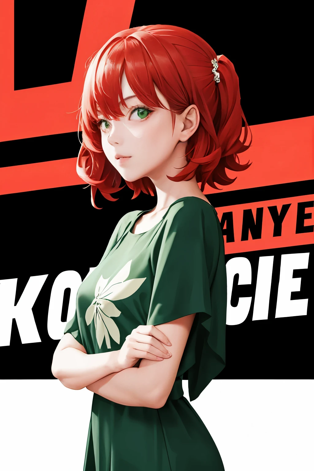 (masterpiece, best quality:1.3), english text, cover, 1girl, upper body, red hair, green dress, looking at viewer,