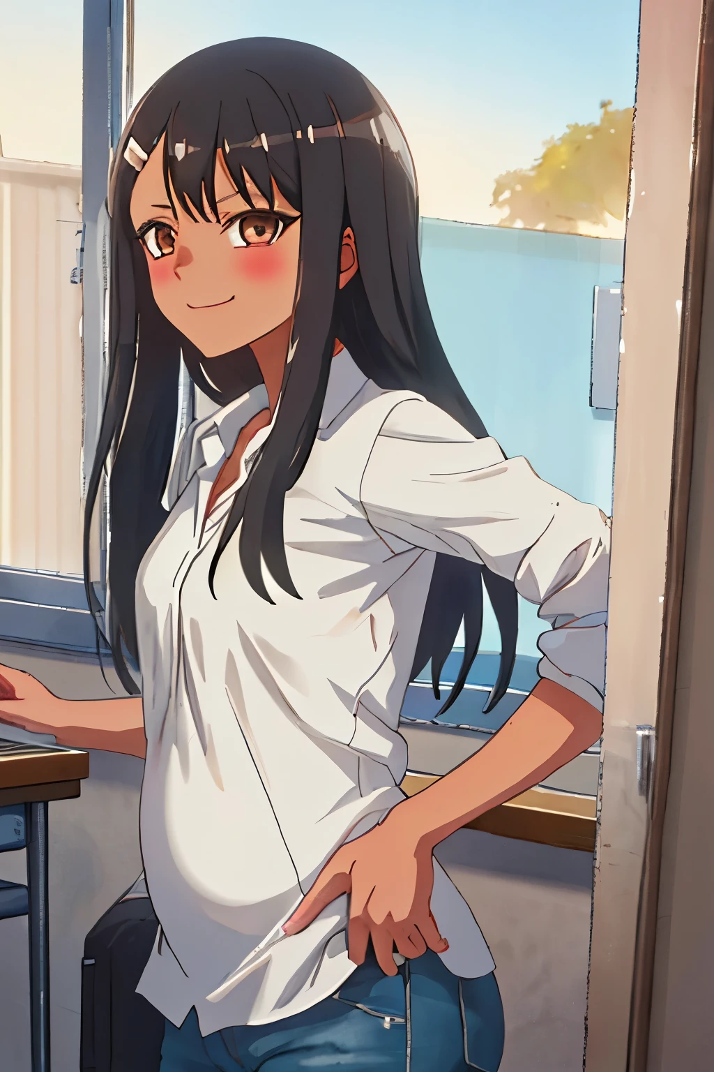 La mejor calidad, Obra maestra, Altas Resoluciones, solamente, {Nagatoro_Hayase_donttoywithmemissNagatoro:1.15}, negro_cabello, largo_cabello, oscuro-pielned_hembra, oscuro_piel, brown_ojos, cabelloclip, cabello_ornamento, sonrojarse, flequillo, They are smiling, 1girl, pizarra, retrato, camisa, Classroom, gota de sudor,  embarazada, vientre de embarazo, rubor, barriga embarazada.