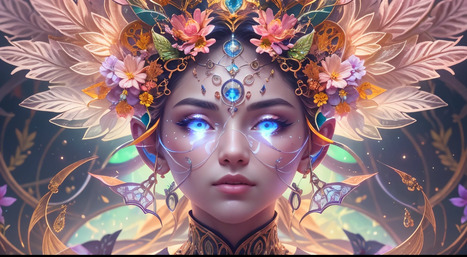 Extremely vivid, Solarpunk AI God Revealed in Shocking Detail: Digital animation creation combining technology and natural elements. This charming picture, Presented as a digital artwork, shows an idol,Luminous circuitry blends seamlessly into blooming flowers and shimmering leaves. Skin sparkles with heavenly light, while complex fractal patterns pulsate across its serene surface. The artwork's impeccable rendering and attention to detail bring the deity to life in a surreal way, The harmonious fusion of futuristic aesthetics and the beauty of the natural world captivates audiences