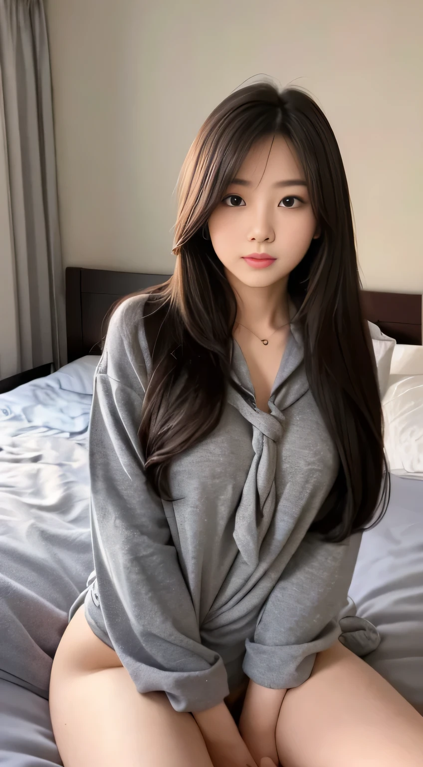 female student、20yr old、Long gray hair、realistically、k hd、sexy pajama knot、Sitting on the bedside、Lie down in bed、Have a well-proportioned figure、It looks beautiful