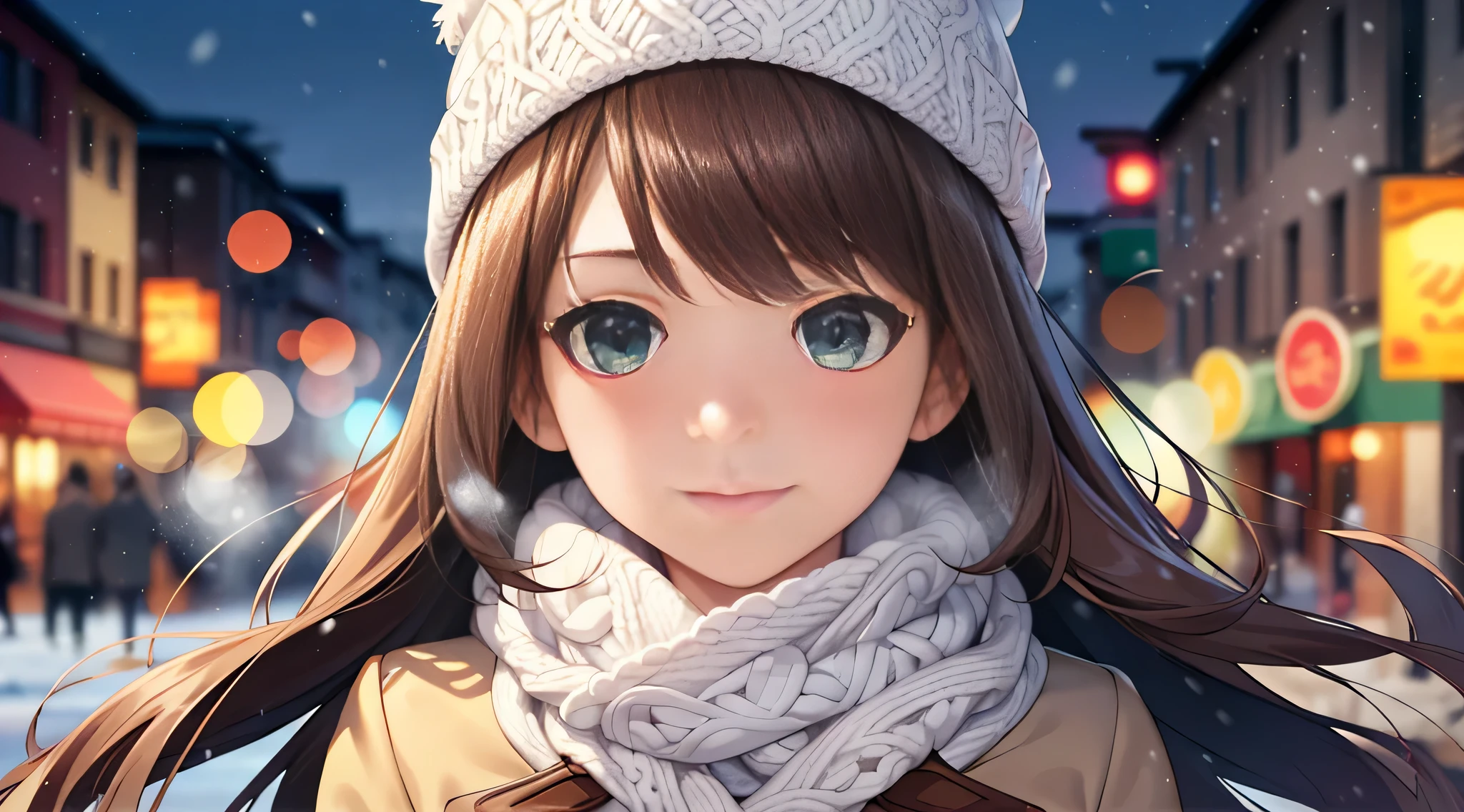 ((masterpiece, best quality, highres, UHD, perfect pixel, depth of field, 4k, RTX, HDR)), 1girl, single, solo, 24 years old, beautiful anime girl, beautiful artstyle, anime character, ((long hair, parted bangs, brown hair)), (green eyes:1.4, rounded eyes, beautiful eyelashes, realistic eyes), (detailed face, blushing:1.2), (smooth texture:0.75, realistic texture:0.65, photorealistic:1.2, cinematic, anime CG style), medium breasts, perfect body, busty, (dynamic angle, pov, close up), ((winter clothes, long coats, knit hat, mittens, gloves, long underwear)), night, city lights, bokeh:1.4, (outdoor, city buildings, crowd), ((winter, snowfall:1.8, the wind blows)), sly smile, graceful, prestigious, glorious, elegant