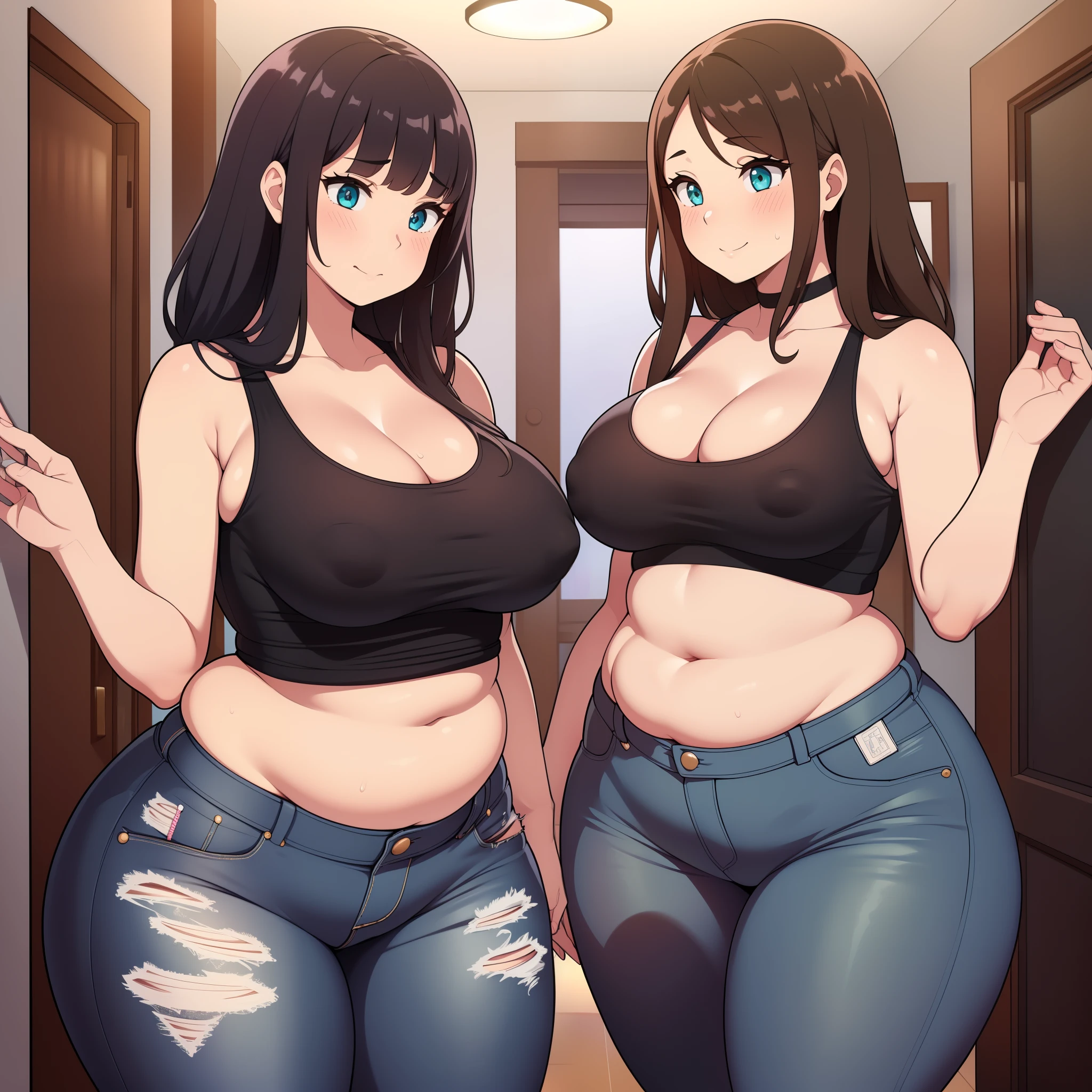 ((Masterpiece)), perfect anatomy, perfect shading, field of depth, (best quality), extremely delicate and beautiful, perfect lighting, detailed face, ultra cute face, cute, (cowboy shot 1.2), full body, (((2girls))), ((2 girls 1 and 2))
Girl 1: has long hair, fluffy hair, blonde hair, blue eyes, ((blush)), embarrassed, (crop top 1.2), (jean shorts 1.2), extremely tight clothes, medium breasts, cleavage, perky breasts, ((wide hips)), (thick thighs), ((chubby)), pudgy belly, fat rolls, belly hang,
Girl 2: has short hair, fluffy hair, brown hair, green eyes, ((blush)), seductive smile, (white tank top 1.2), (jeans 1.2), chocker, extremely tight clothes, medium breasts, cleavage, perky breasts, (((wide hips))), ((thick thigh)), big butt)), ((plump)), chubby belly, fat rolls, belly hang, she has a jiggly belly,
hotel room, standing at the door, intricate background, detailed background, girls are standing next to each other,