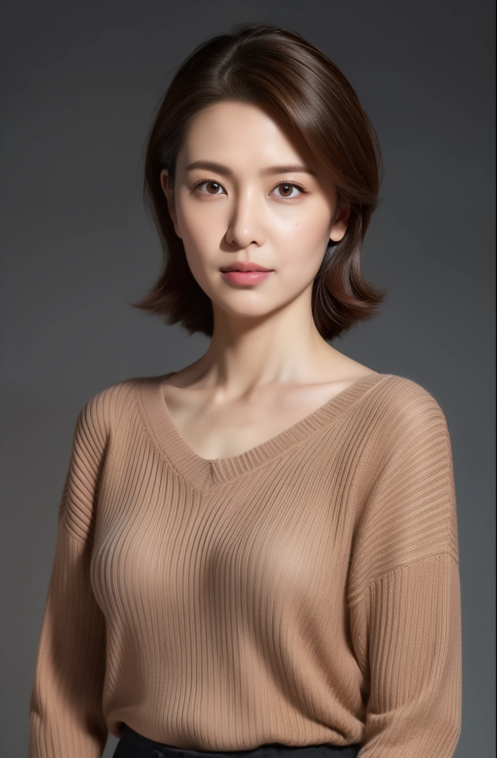 hight resolution, high-level image quality, high detailing, ​masterpiece, Textured skin, tre anatomically correct, sharp, greybackground((japanese mature, 20yr old)), 独奏, ((Wrinkles on the face)), large breasts with good shape, Straight light brown hair that reaches to the shoulders, chubby figure (((Stand upright, facing the center of the screen.))), Close your mouth and look straight ahead with a serious face, Sweaters, skirt by the, ((cowboy  shot)),