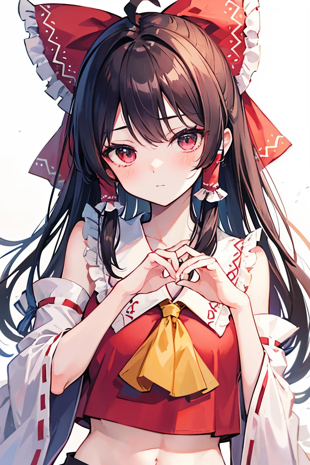 Hakurei Reimu,Touhou project, korean love sign hand, blush, ahoge
