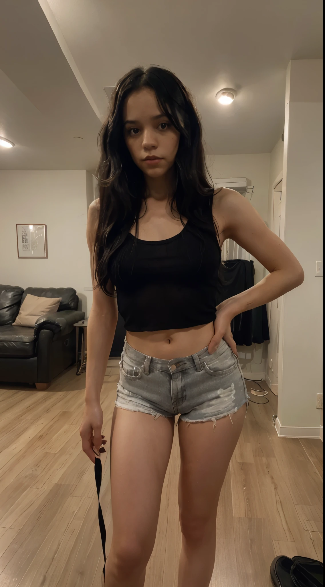 Straight black hair, ite, wearing a black see-through tank top, short shorts, POV shot, , Standing up, worried look, looking at viewer, living room