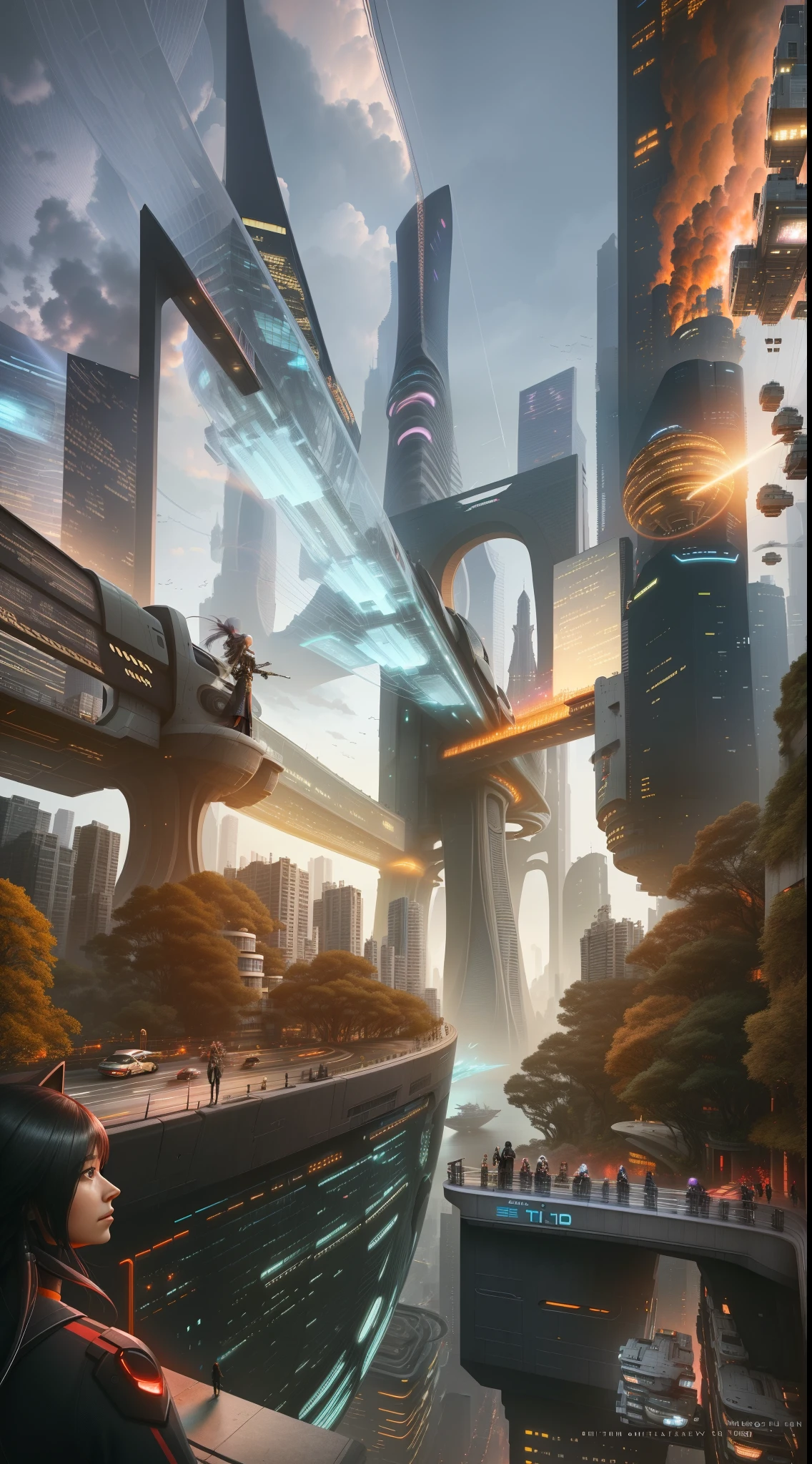there is a woman that is looking at a city from a bridge, by Zha Shibiao, otherwordly futuristic city, hyper-futuristic city, new york in the future, sao paulo in the year 2 0 7 0, landscape of a future city, beautiful city of the future, city of the future, beeple rendering