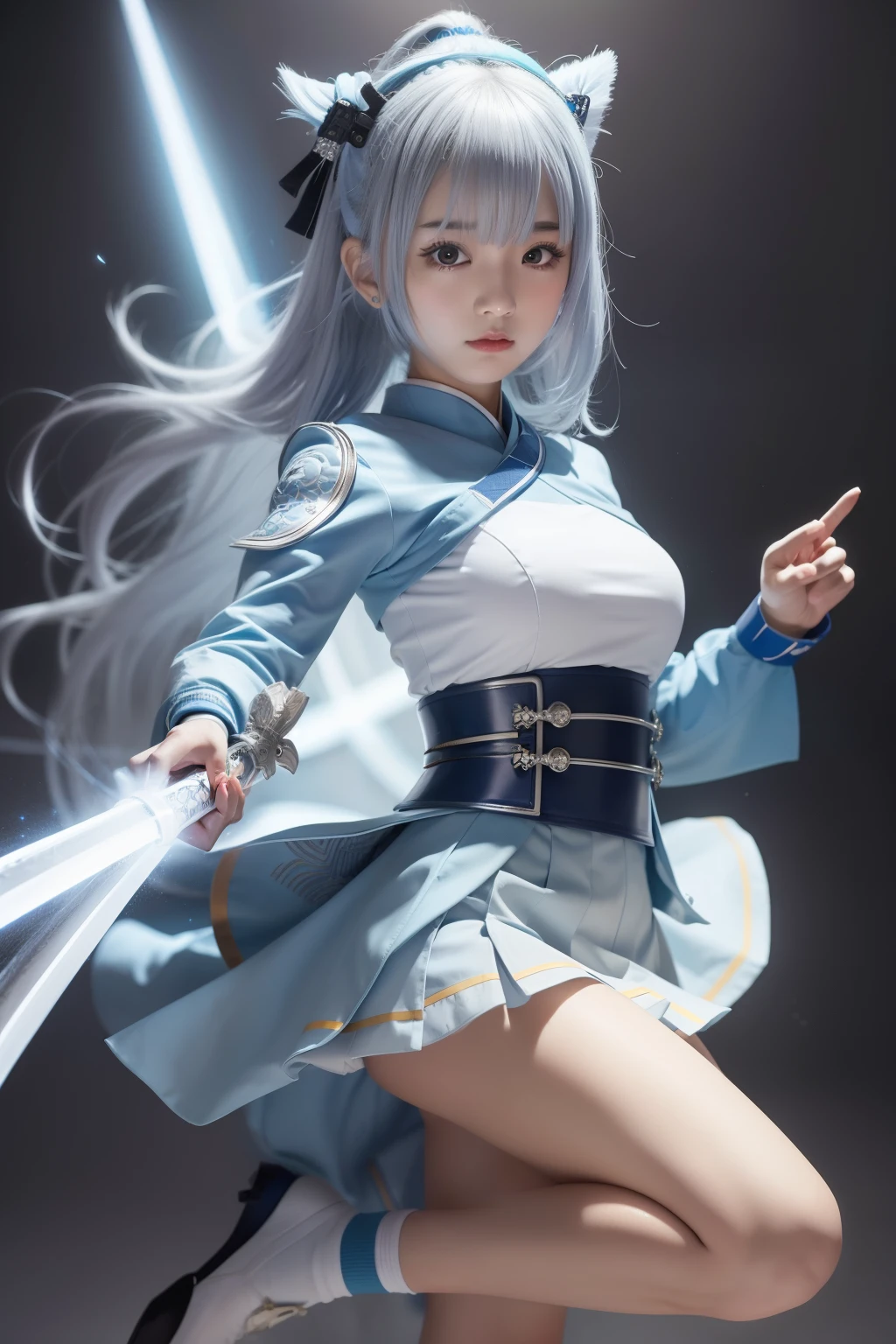 amazing samurai girl、full body Esbian、、Light blue uniform(Tight mini skirt)、、、、Idol face、cover the sword with a blizzard、Silver hair