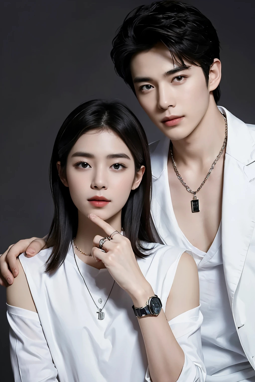 ((Best Quality, 8K, masterpiece: 1.3))、(Cool Korean man and hot girl Korean beutifull), Couple Man and girl, 20 year old man and girl、Beautiful Girl And Handsome Man Couple、Korean style hair、Strong face、Handsome nose、Detailed eyes and face、Beautiful lighting、(studio )、High Resolution、（visible to the viewer）、mouth detail、Thin Mouth、,Sorrisos、whole body: 1.5, perfect body figure: 1.picture of both shoulders:1.3, Wearing a White T-shirt and a casual Black suit: 1.5, Accessories: (men's necklaces, men's rings, men's watches)