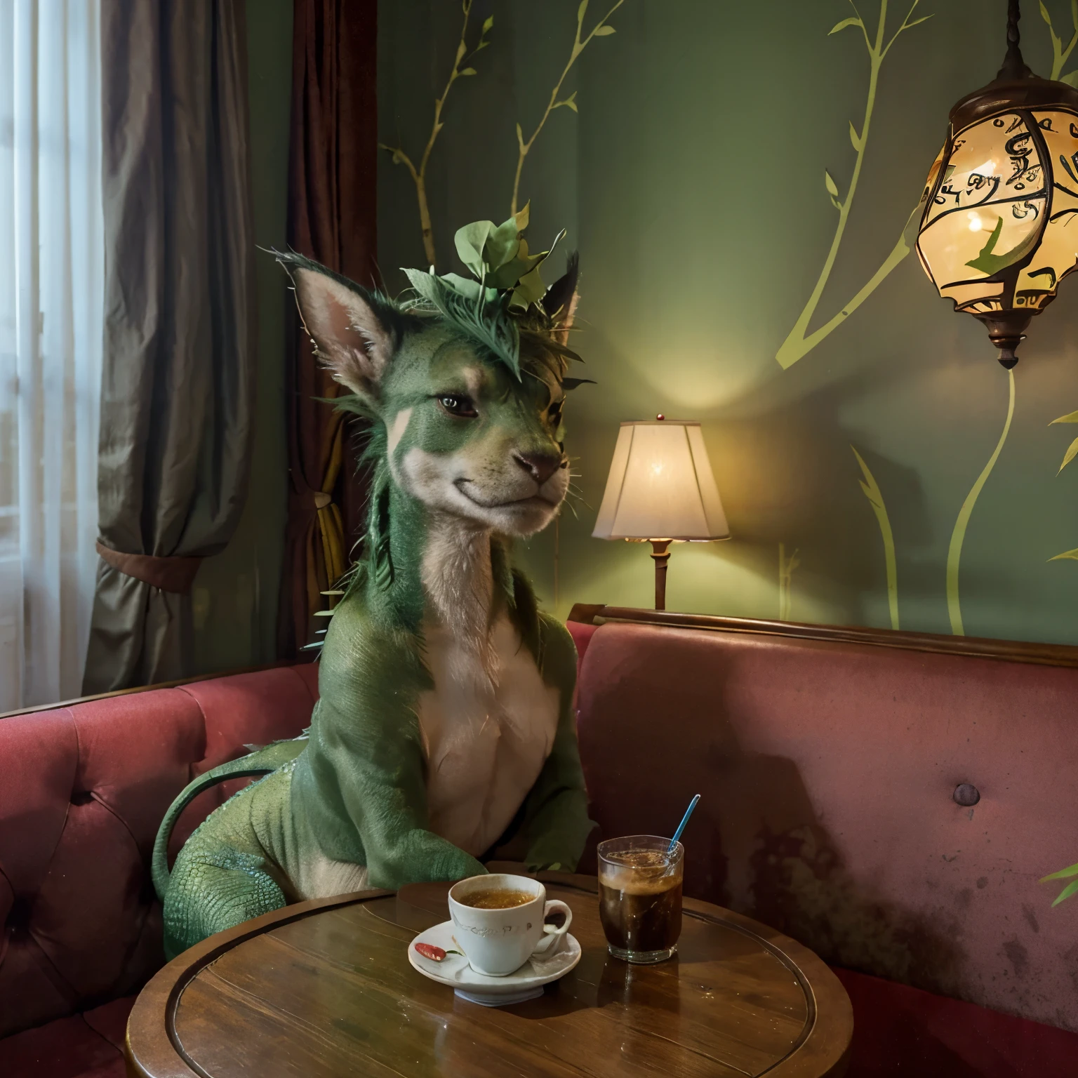 a beautiful cartoon green dragon, sitting at a table in a cafe, in a New Year's hat, in a cafe red curtains, blue sofas, greenery, cartoon style, drawing, high quality, professional photo