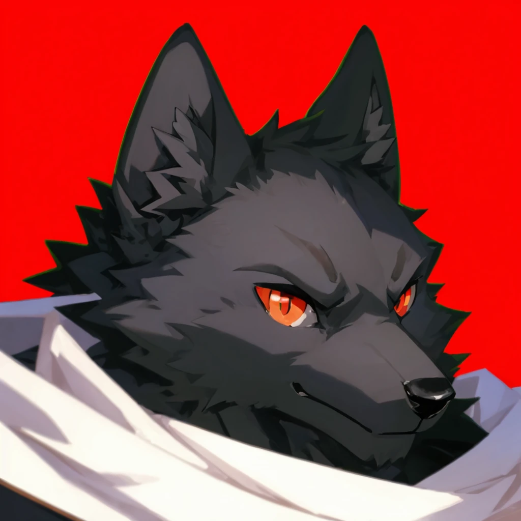 Black fur wolf anthro head, orange eyes (red pupil (black line in red pupil). Looking at viewer, headshot, Hd quality, good quality, 4k, hd resolution, 2d, detail graphic.