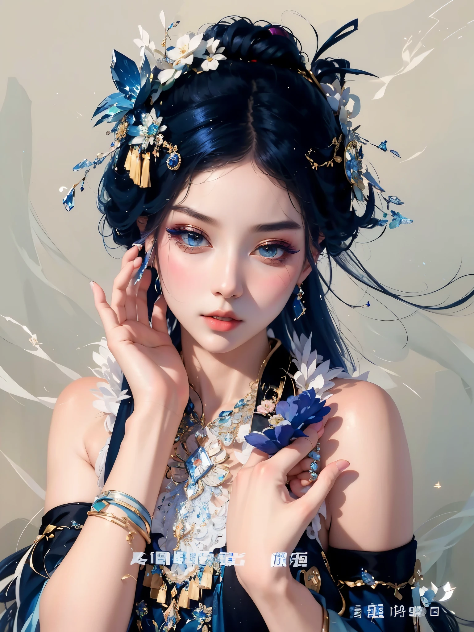 dynamic，French-German woman with blue flowers in her hair, xianxia fantasy, Inspired by Lanying, beautiful fantasy empress, Inspired by Zhang Yan, Inspired by Huang Ji, gorgeous chinese models, china idol, Inspired by Chen Yifei, chinese fantasy, ruan jia beautiful!, Inspired by Tang Yifen, inspired by Ai Xuan, inspired by Dai Xi