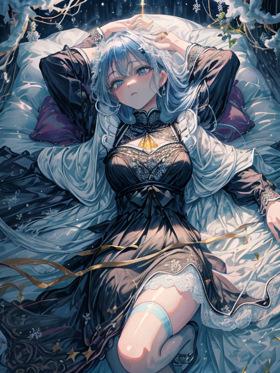 ((Realistic illumination,top Quority,8K,tmasterpiece:1.3)),Clear focus:1.2,1个Giant Breast Girl,Perfect beauty:1.4,Slim abs:1.1,((long dark white hair,The large:1.2)),(Torn dress:1.3,white transparent full leg stockings:1.2,Mesh transparent white panty interior,during night:1.1),delicated face,二重まぶた,Reached,(Whole body lying in bed: 1.2),facing at camera,Raise your legs high,legs are open,hightquality,tmasterpiece,超A high resolution,(realisticlying:1.4),RAW photogr,1girll,darkly,Deep shading,cold light,Spread your legs apart,Reached,White transparent panties、One girl, 独奏で, (((trapped in big krystal)))(trapped in krystal:1.7),((add eye details)), ((add face details)), krystal, Star, shine, beautiful night sky on background, Moon, Stars on background,Diamonds、たくさんのkrystalが付いたドレス, fantasy dress, A magical dress with a transparent chest, krystal製シースルー, lady with glowing flowers dress, intricate fantasy sheer dress, See-through rainbow color, translucent intricate gown, Translucent intricate costume design, translucent dress, a stunning young ethereal figure, jeweled opal statue, fantasy transparent costume, Made of dried flowers、Glasswork、glass slipper with gold and white flowers, 気まぐれIntricate details, intricate and Elegant, beautiful detailed Elegant, Fairytale style, ultra Intricate details, Elegant. Highly detailed, complex and beautiful, golden Intricate details, Cinderella, side view Intricate details, Complex gold elements, Intricate details, Complex and detailed, super complex details、There is a sofa and table in a room with blue curtains, anime aesthetic, Anime Background, dreamy and detailed, anime beautiful peace scene, Anime Background art, beautiful anime scene, very magical and dreamy, blue and white tones, Relaxing environment, Ethereal dreamy theme, dreamy aesthetic, Anime that won the Aesthetic Award, relaxing concept art, blue themed, quiet and serene atmosphere、A charming, Sheer,The nipple is visible、large boob、sexy-S 100, seductive lingerie camisole、a close up of a woman's underwear with a Bra and panties, bright blue shiny lingerie, lingerie, lingeries beauty, Sheer underwear, laced lingerie, lingerie!!, Bra, wearing sexy lingerie, Bralette, captivating and enticing, harnesses and garters, lingeries, so sexy、Full-body image、The whole body is visible、frombelow、underfoot、Foot first、From head to toe、Toostock、lying back on、on the beds、Sleep in bed、sprawl、Melody Mark,最hightquality、masutepiece、1womanl、独奏、(abstract art:1.4),(Psychedelia Theme:1.6),(Gunjo World:1.5),(Snow World:1.5),(Winter World:1.5),(At the center of the world is the most beautiful woman in the world),(many stars are falling:1.3),A ray of light spreads,Crystals spreading from the center,prisma(Nostalgic landscapes:1.5),(colorful flower:1.3),Garden Girl,gentle sunlight,Soft breeze,Delicate flowers,A rainbow-colored butterfly flaps its wings,Mesmerizing natural beauty,Fragments of Shining Stars, krystal,