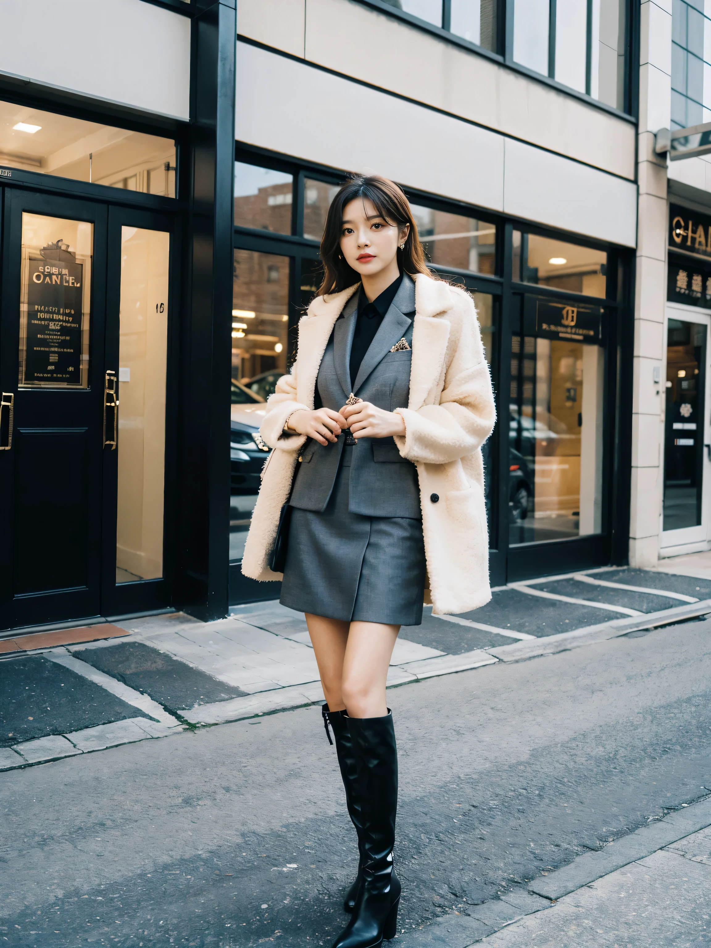 Best quality,tmasterpiece,超高分辨率,(actual:1.4),RAW photos,hyper HD,8K,There is one girl,Stylish clothes,Chanel style,Stylish skinny suit, wearing jacket and skirt,high-class fashion,ellegance, short skirt and a long jacket, tigh-high boots,Over-the-knee boots,Casual pose,legs long