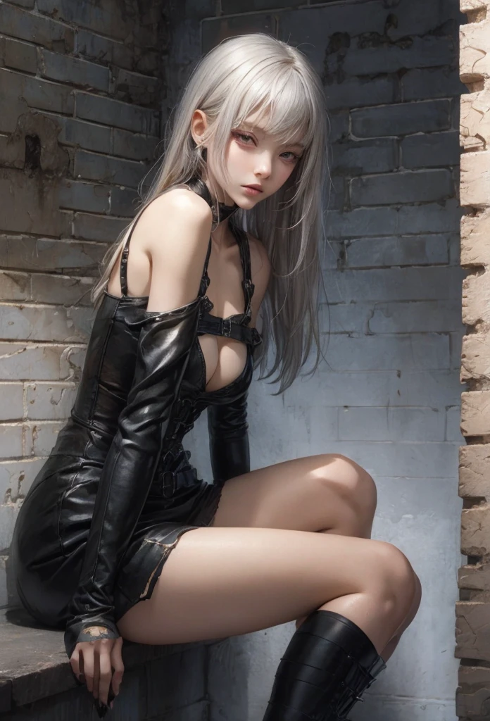 (Detailed illustrations,Very detailed and detailed drawing,Delicate lines with slow and rapid,Realistic texture expression),[Color tressed main line],dim room[prison[Walls and ceilings with exposed bricks that have deteriorated over time]],(japanes(Very Beautiful )[14years])silber hair (bony and thin body[morbid]SKINNY),[leather [Bondage Fashion],Vampire,(Fine and beautiful skin expression [Transparency]),[完璧な目のdetaileds (Iris beautifully drawn in every detail)[Jewel-like eyes]],[long and beautiful eyelashes],[Meticulously drawn hair],(完璧な手のdetaileds [Beautiful fingers without breakdowns [Beautiful nails]]),(Perfect Anatomy(Perfectly proportioned))[[Full body like]],[Ideal color coordination(Accurate simulation of light-material interactions)],([Precision Detail](detaileds,high-detail)),[[Pale and gentle colors]][Visual art that conveys a sense of narrative] [[Eros in the Natural Body]].