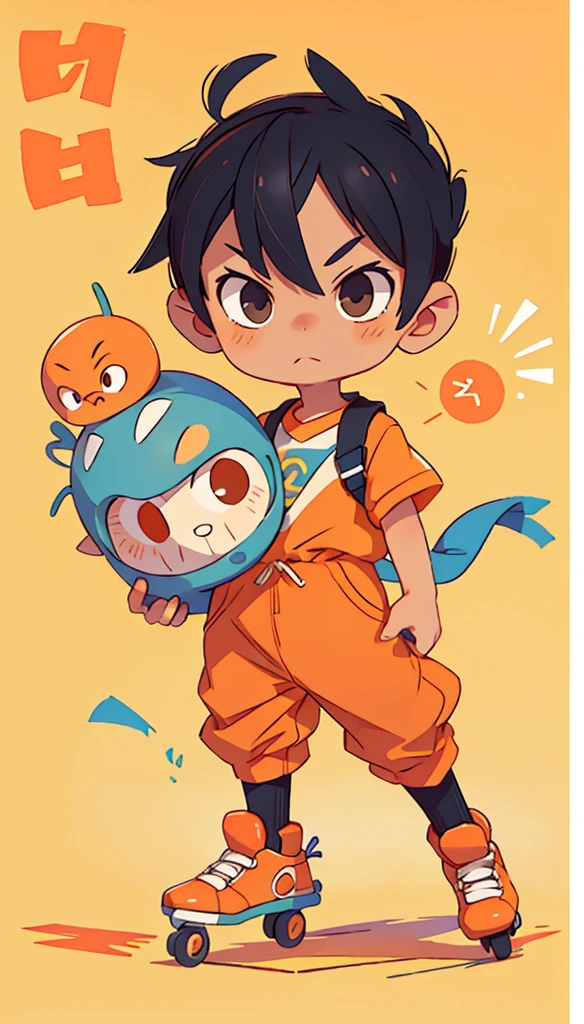 simplebackground,Best quality,Super detailed 1 little boy,roller skating,黑The eye,,Orange,adolable,For posters