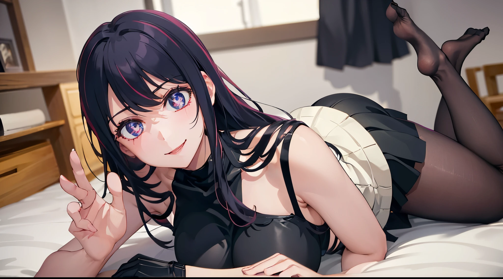 Beatiful sexy Black socks , Black skirt , bra , big breasts , NSFW , tall legs , smile , ( milf ) , HD , detailed eyes