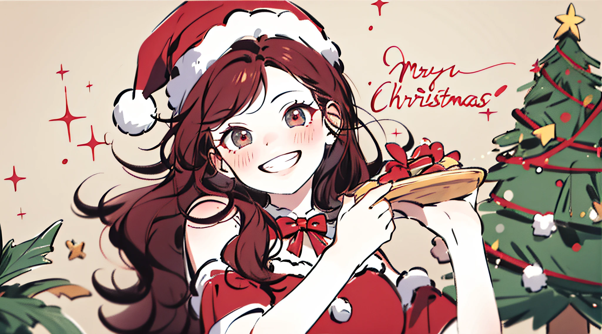 (best quality, masterpiece:1.2),solo,christmas,grin,wavy hair,red hair,