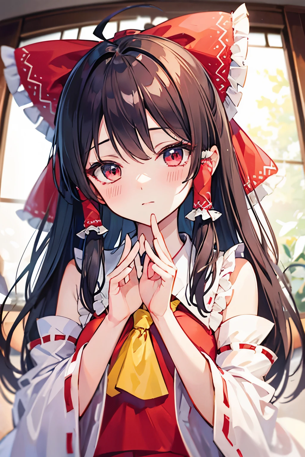 Hakurei Reimu,Touhou project, korean love sign hand, blush, ahoge