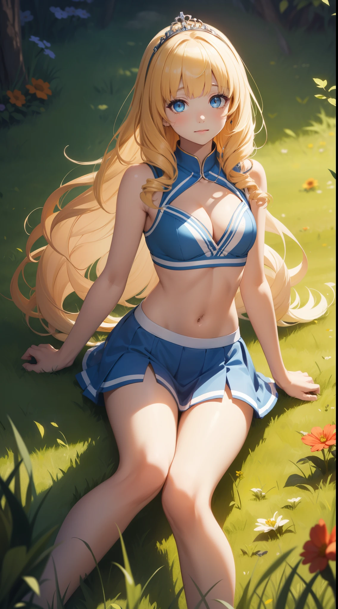 latifafleuranza, latifa fleuranza, yellow hair, blue eyes, long hair, small breasts, diadem, tiara, cheerleader, midriff cleavage, full body, grass, masterpiece, best quality, high resolution, unity 8k wallpaper, illustration, beautiful detailed eyes, extremely detailed face, perfect lighting, extremely detailed CG, perfect anatomy