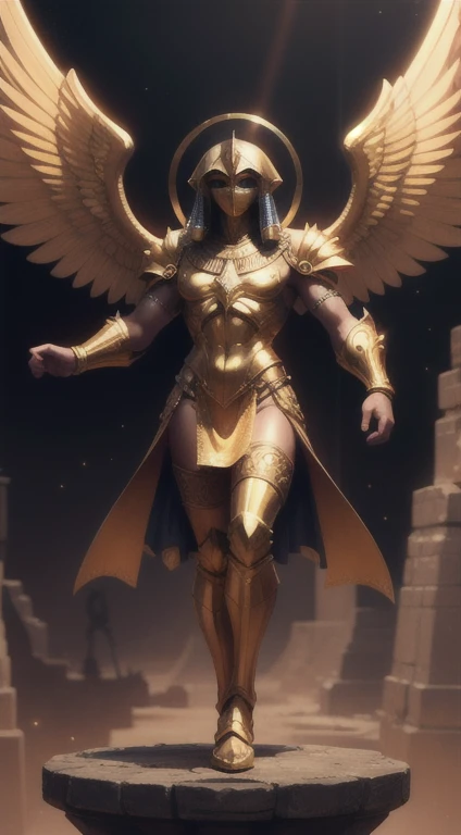 god horus, It has large metallic wings that radiate golden light., Tall and strong figure, Wearing a set of blue-gold shimmering armor.