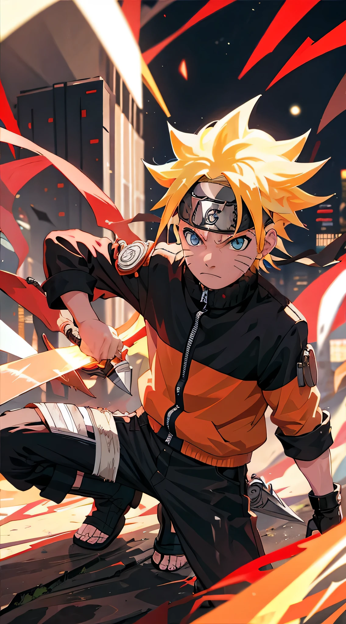 1 boy, shonen style, blonde hair, spiky hair, whisker marks on cheeks, black and red outfit, leather jacket, jeans, boots, bandana, cool, blue eyes, holding a kunai, full body, color --name Naruto Uzumaki --background city at night