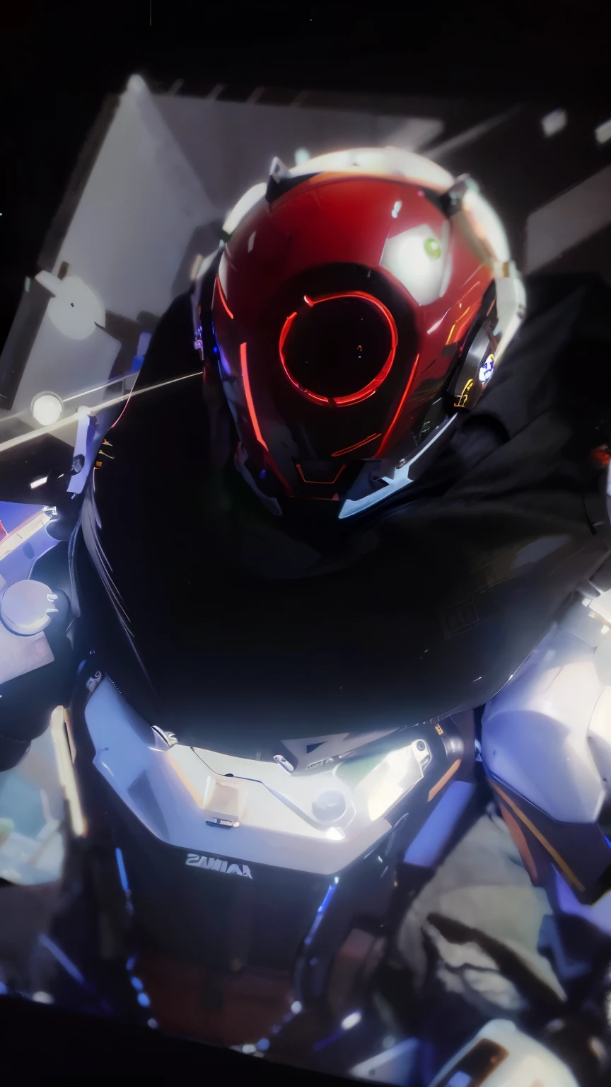 Original,tmasterpiece,best qualtiy,The robot man in the green circle lights up a cyber helmet with orange ears,Wearing an orange jacket,um dia ensolarado,Have on the street