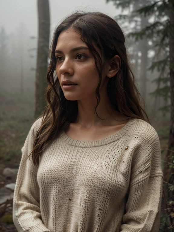 rivulets, wilderness, Woman with beige knit sweater, steamy, haze, Timeless, ethereal, Hyper-realistic, Ultra photo realism, tmasterpiece, 8k, in focuokeh, Detailed hair, highly detailed, high qulity, High definition, cinematic perspective