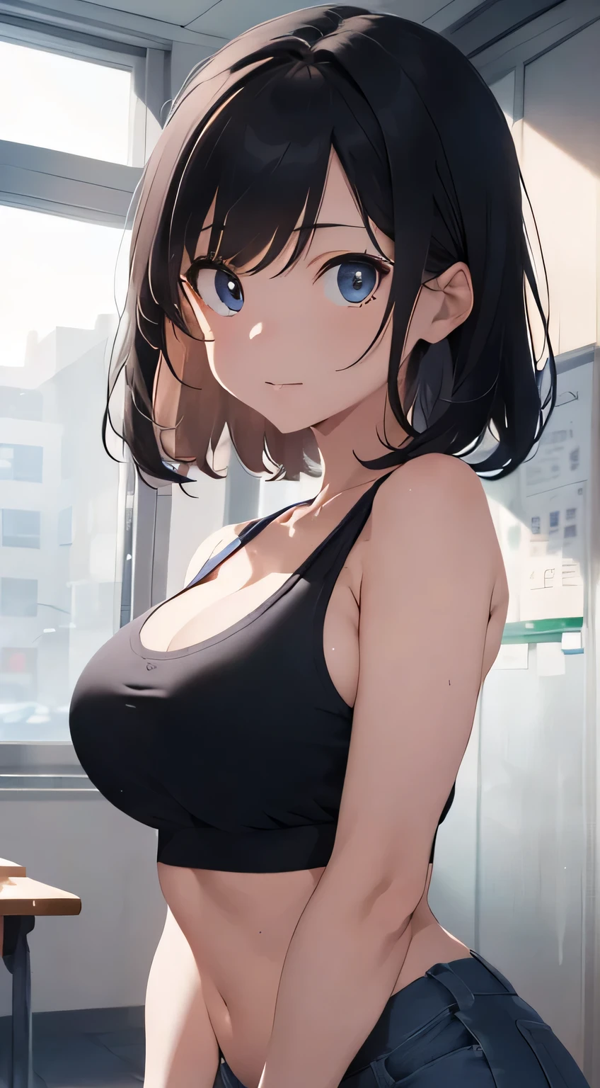 ((best quality)), ((masterpiece)), (detailed), perfect face ultra detailed illustration female character, Create a charming anime scene featuring a young schoolgirl with big breasts, black hair and blue eyes. The girl had to wear a sports bra, and short jeans, showing off her big breasts and cleavage and she had a visible six pack. Set the tone with the atmosphere of a school basketball court. high res, ultrasharp, 8K, masterpiece, looking at viewer