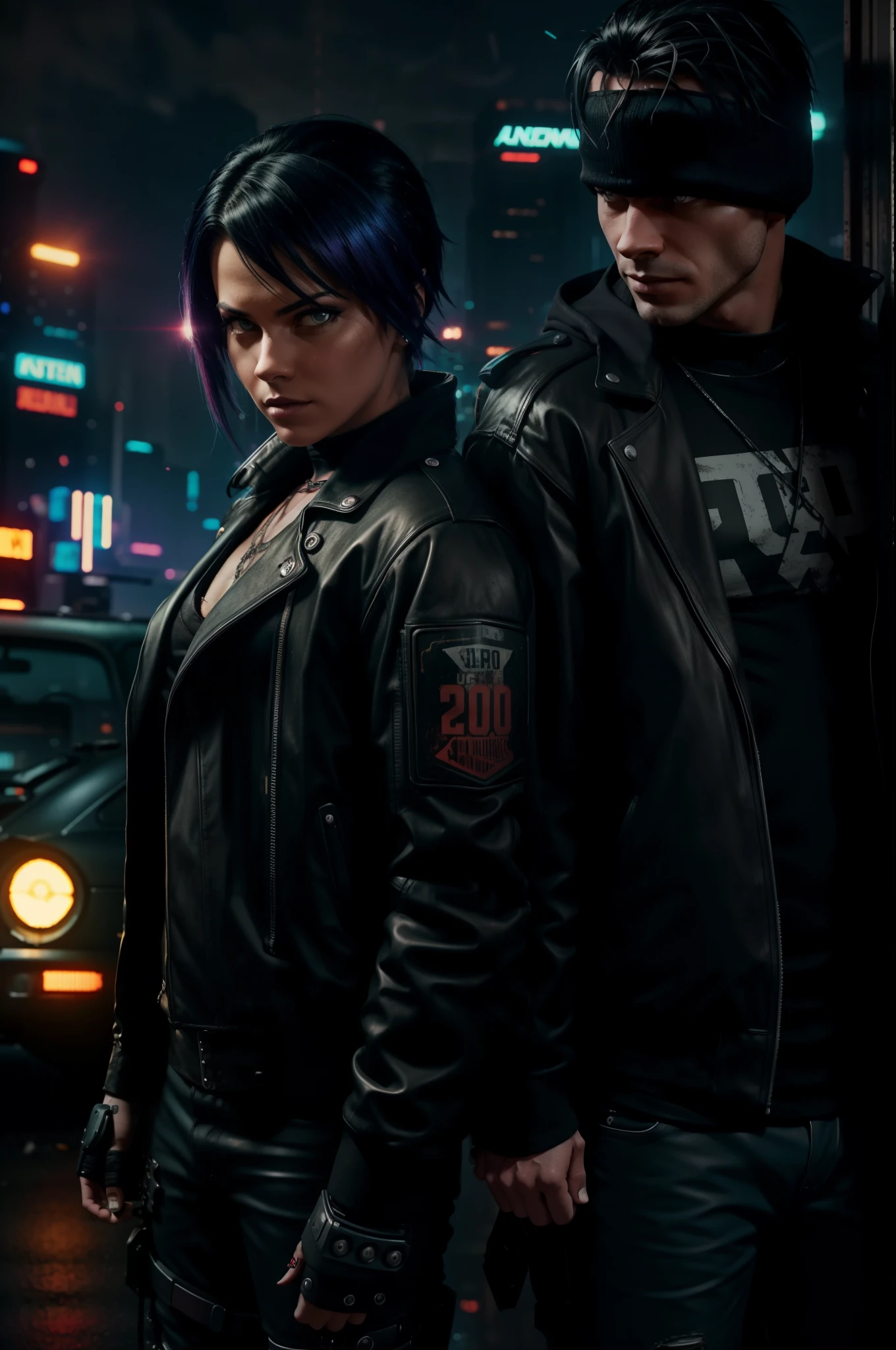 cyber punked theme male and female leaned up against a retro style car in a gritty and dark cyberpunk city at night., UHD, high quality, wide shot