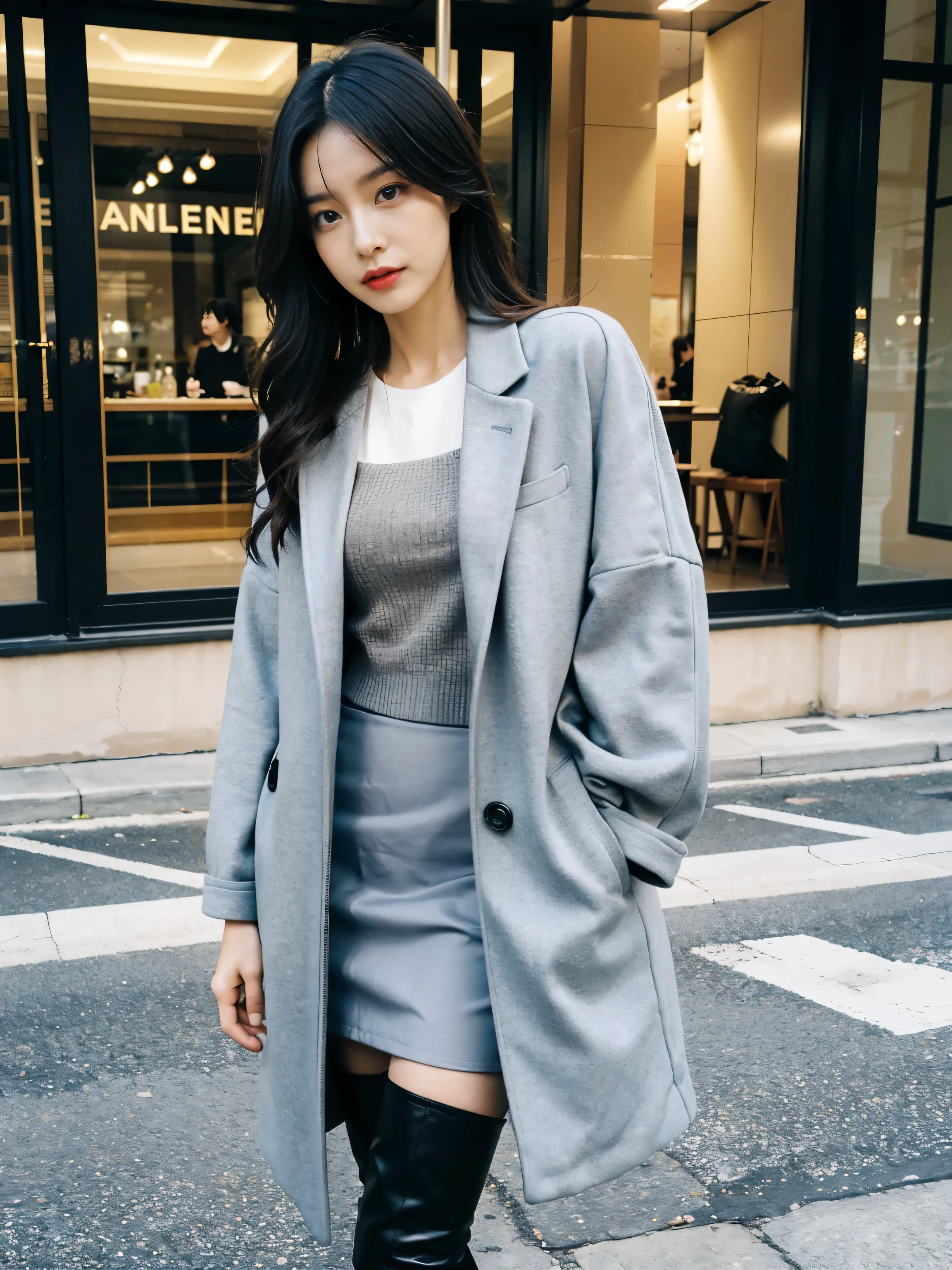 Best quality,tmasterpiece,超高分辨率,(actual:1.4),RAW photos,hyper HD，8K，There is one girl，Stylish clothes,Chanel style，Stylish skinny suit, wearing jacket and skirt,high-class fashion，ellegance, short skirt and a long jacket, tigh-high boots，Over-the-knee boots，Casual pose，legs long