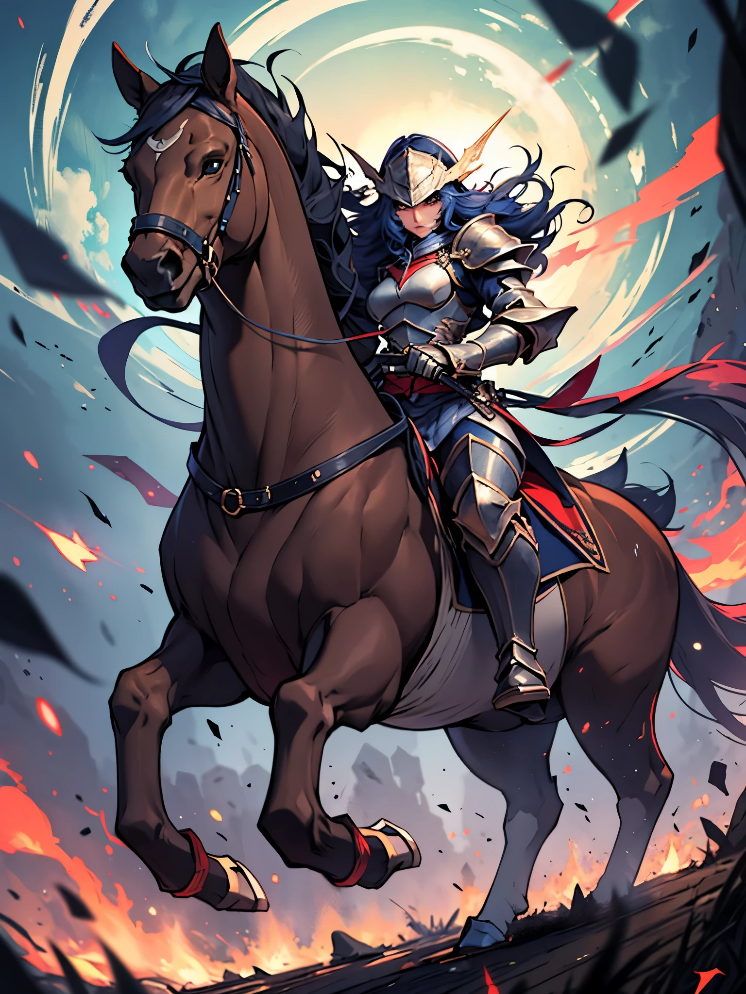 knight on horseback,With a spear,Dressed in light armor,Handsome,eyes glowing,The background is a plain battlefield,long distance full body photo