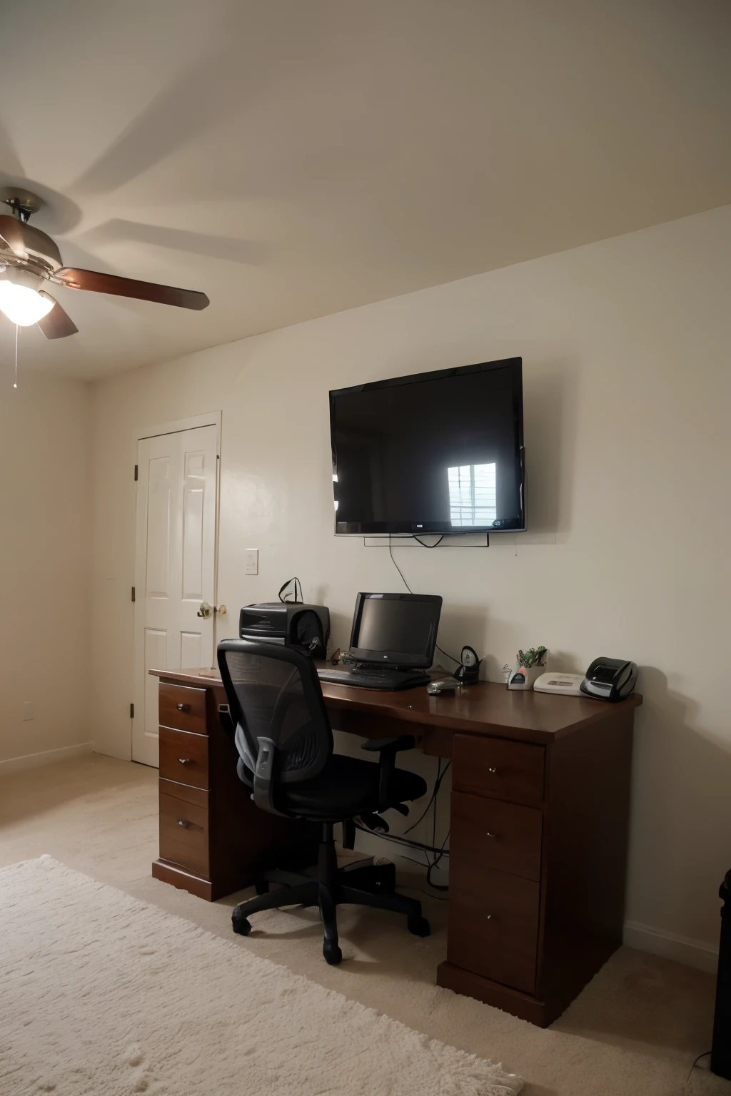 Bedroom with one wall and the ceiling painted mahogany brown and the other walls are white. The bed covers are dark brown. There’s a forest green rug and a black and white gaming desk.