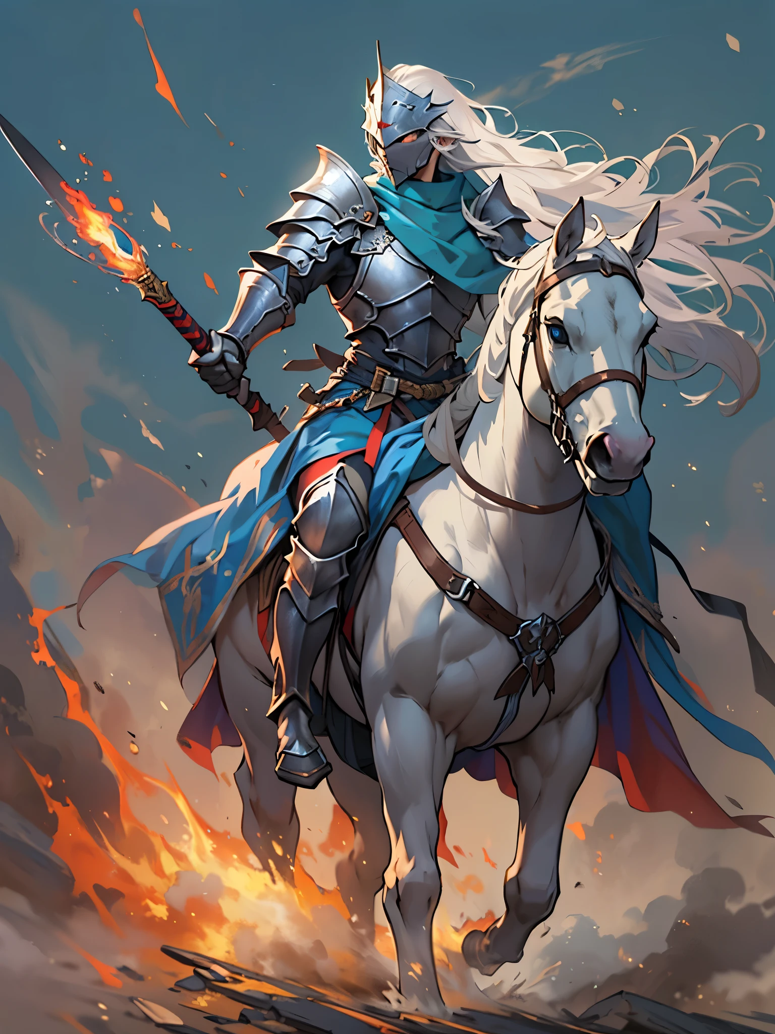 knight on horseback，Holding a flaming spear，Dressed in light armor，Carrying 2 long swords on the back，Handsome，Long gray hair，blue color eyes，The background is a plain battlefield，long distance full body photo，(((tmasterpiece))), (((Best quality at best: 1.4)))