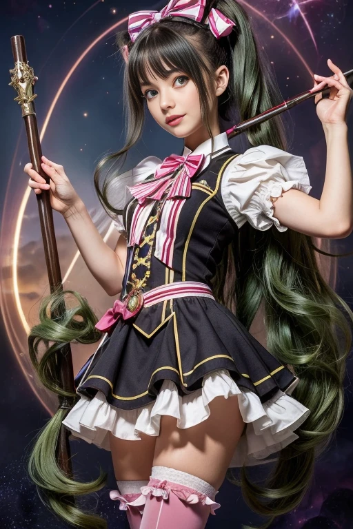 (masterpiece), (best quality), detailed,
1 girl, soro, twintails, long wavy hair twintails.hairs between eyes,dark green eyes ,dark green hair, (magical girl:1.2),
bow, dress, (pink:0.6), over legwear, boots, too many frills, too many bow, standing,striped panties.magical stick, mechanical stick, magic cercle, frying,