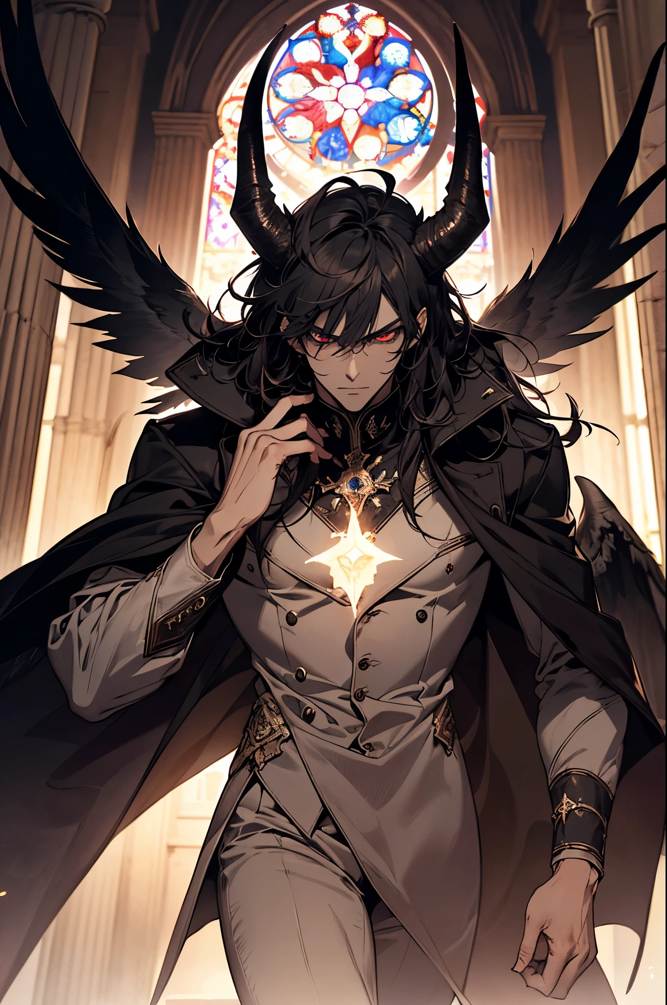 (ridiculous, high resolution, super detailed), 1 male, adult, handsome, broad shoulders, two horns, Lucifer, evil, red eyes, black wings, blood, intimidating look, dark Colored skin, detailed eyes and detailed face, devil, symbolism, visual art, occultism, church, whole body,