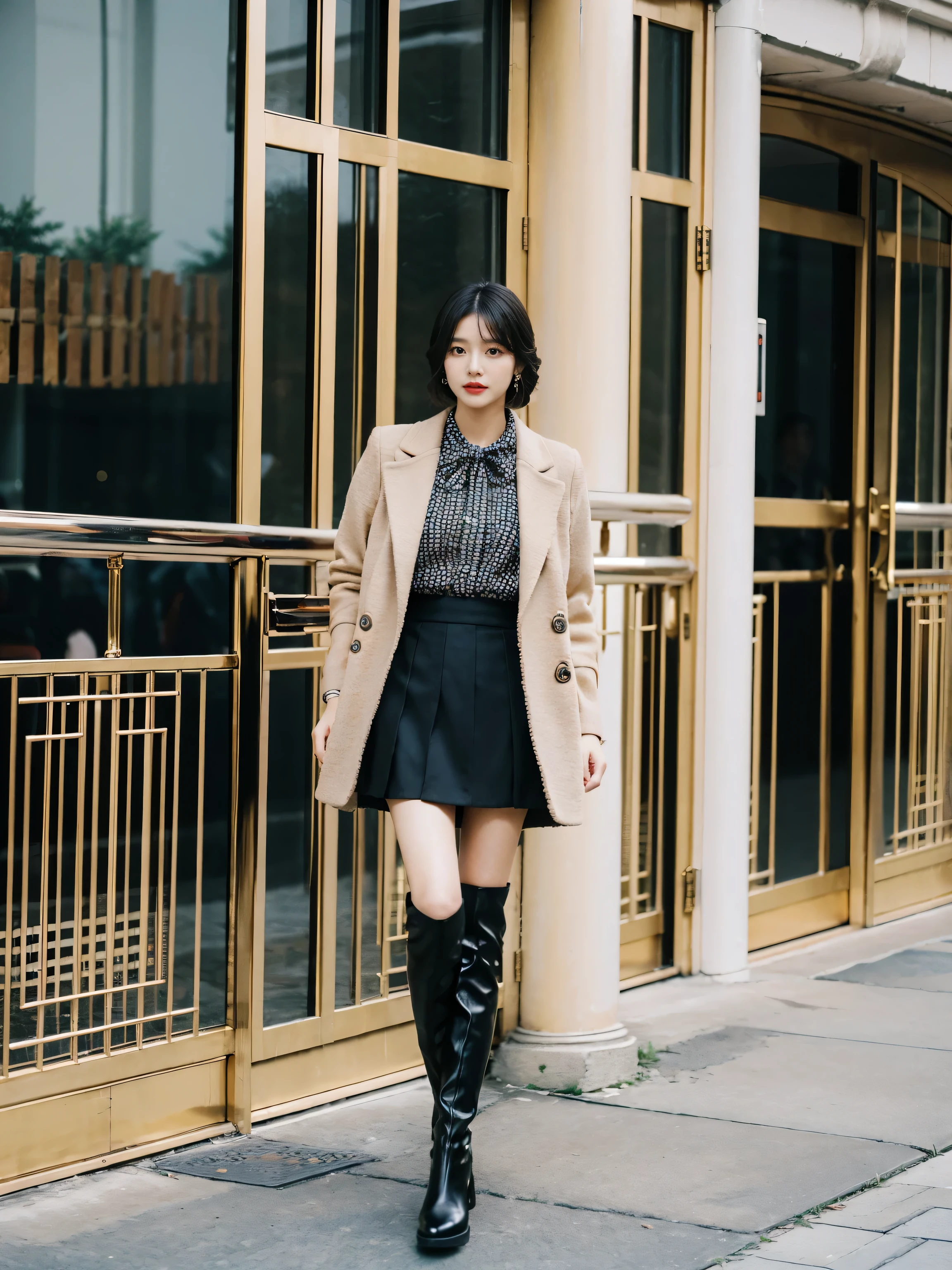 Best quality at best,tmasterpiece,超高分辨率,(actual:1.4),RAW photogr,hyper HD,8K,There is one girl,Stylish clothes,Chanel style,Stylish skinny suit, wearing jacket and skirt,high-class fashion,ellegance, short skirt and a long jacket, tigh-high boots,Over-the-knee boots,Casual pose,legs long