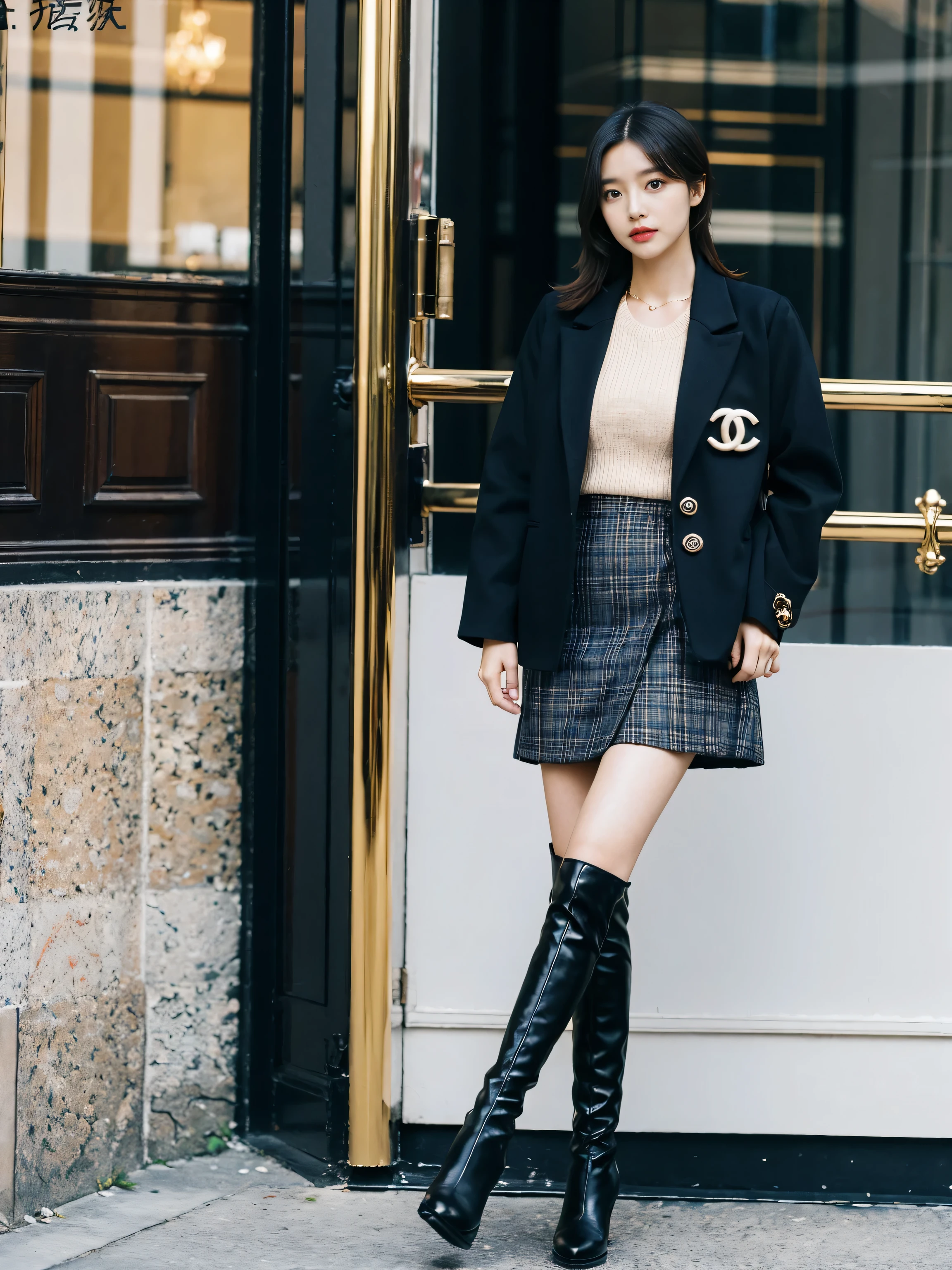 Best quality at best,tmasterpiece,超高分辨率,(actual:1.4),RAW photogr,hyper HD，8K，There is one girl，Stylish clothes,Chanel style，Stylish skinny suit, wearing jacket and skirt,high-class fashion，ellegance, short skirt and a long jacket, tigh-high boots，Over-the-knee boots，Casual pose，legs long